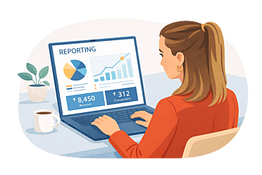 Illustration einer Marketingberaterin, die am Laptop an einem Reporting arbeitet